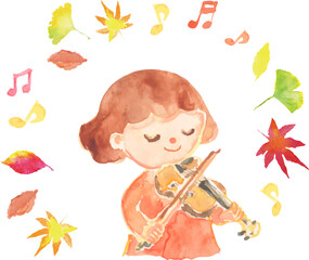 バイオリンを弾く女の子のイラスト　秋　ベクター