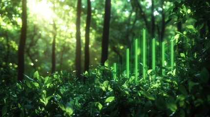 Obraz premium Lush green forest with dense foliage illuminated by sunlight and glowing vertical green light bars emerging from the plants