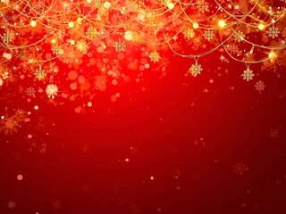 Stunning Christmas background with elegant golden snowflakes and festive fairy lights on bright red