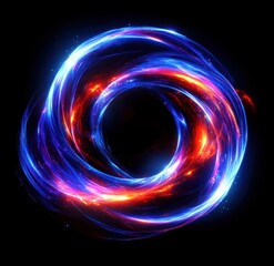 Obraz premium Vibrant swirling energy ring with bright blue and fiery red light trails forming a dynamic glowing vortex on a dark background