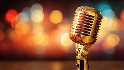 A golden vintage microphone stands prominently against a blurred of colorful bokeh lights, capturing attention.