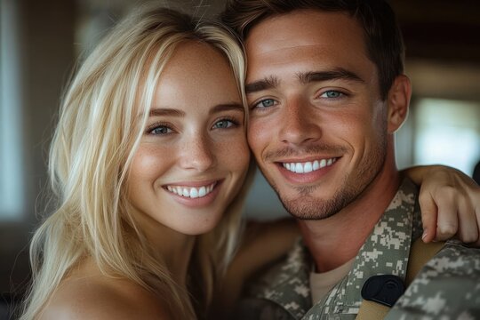 Close-up portrait of a smiling young couple embracing, featuring a woman with blonde hair and a man in camouflage military uniform, sharing a happy and intimate moment - Powered by Adobe