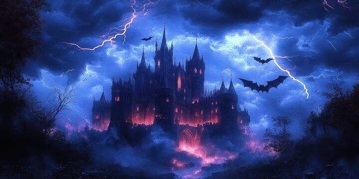 Dark gothic castle illuminated by red lights under stormy night sky with lightning and flying bats, surrounded by mist and barren trees creating eerie atmosphere