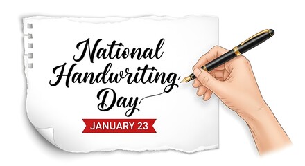 A hand holding a pen writes national handwriting day january 23 on a white sheet of paper isolated on white background
