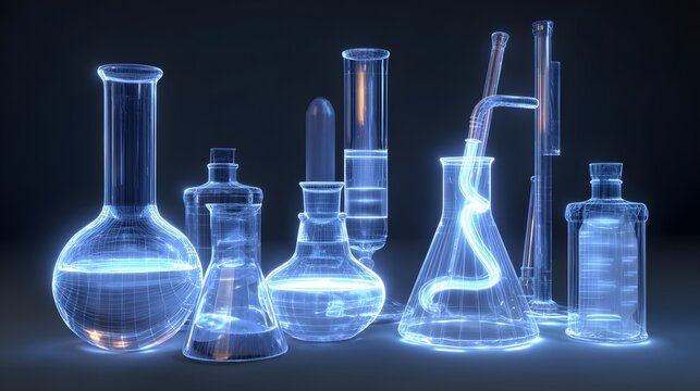 Illuminated laboratory glassware collection displays glowing wireframe structures against a dark background