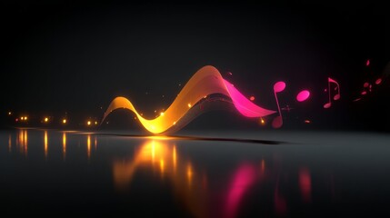 Glowing abstract sound wave with musical notes, vibrant orange and pink, representing music and energy against a dark reflective background