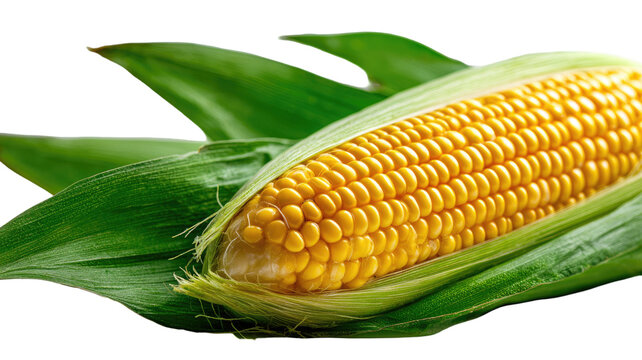 Fresh sweet corn on the cob with green husk and yellow kernels, a healthy vegetable food harvested from the farm