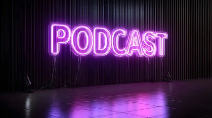 Vibrant purple neon sign illuminates a dark stage for an audio program