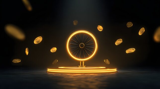 Glowing abstract wheel design sits illuminated on a dark stage surrounded by falling golden currency