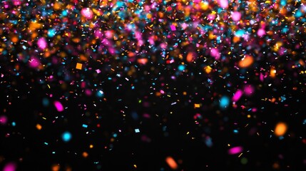 Bright colorful confetti falling against a dark background creating a festive and celebratory atmosphere