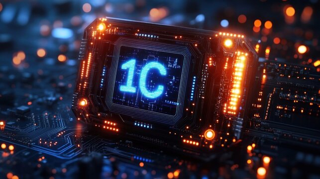 Close-up view of a glowing futuristic microchip with illuminated circuitry and blue digital display showing '1C' in a high-tech electronic environment