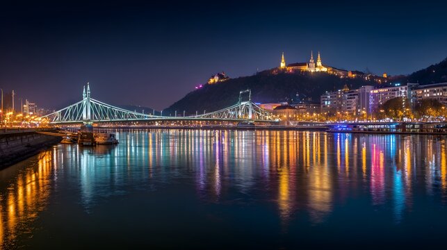 Illuminated suspension structure spans wide waterway reflecting vibrant city lights under a dark night sky - Powered by Adobe