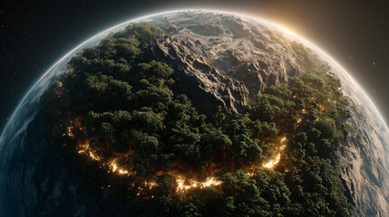 Global wildfire impact on earth's ecosystem space view digital art environmental awareness