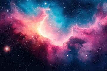 Obraz premium Vibrant cosmic nebula with swirling clouds of pink, purple, and blue gas illuminated by starlight against a dark star-filled space background
