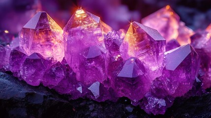 Fototapeta premium Close-up of vibrant purple amethyst crystals glowing with warm light on a dark textured surface, highlighting their natural geometric shapes and sparkling beauty