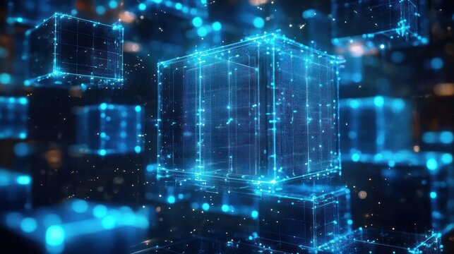 Fototapeta Glowing digital cubes and lines forming a futuristic 3D network or data structure in a dark blue environment emitting light particles
