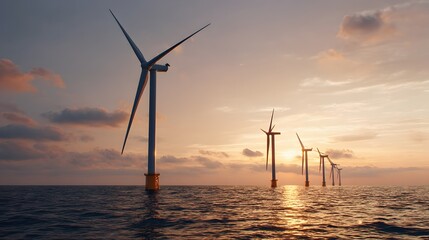 Series of towering wind turbines generates sustainable energy offshore during a dramatic sunset