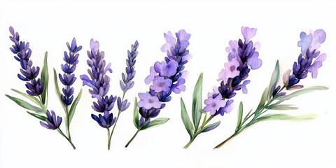 Obraz premium Six botanical watercolor illustrations of lavender sprigs with purple flowers and green leaves on white background