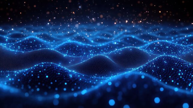 Dynamic glowing blue waveforms formed by numerous small light particles creating a futuristic, digital ocean effect with an immersive depth and vibrant energy