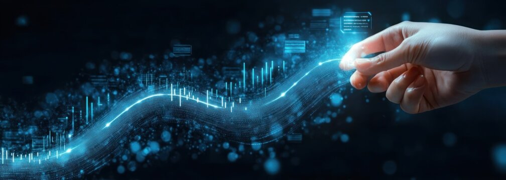 Hand interacting with glowing digital data stream displaying graphs and charts against dark futuristic background