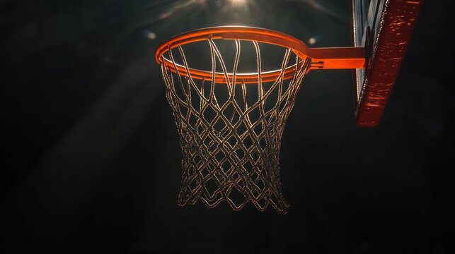 Close-up view of an illuminated basketball hoop and net against a dark background conveying focus and anticipation