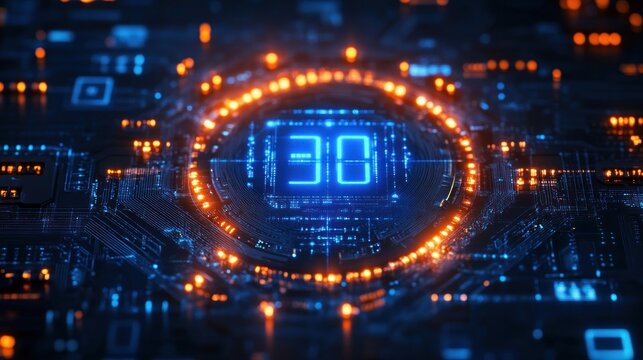 Close-up of glowing digital circuit board with illuminated blue and orange lights forming the numbers 3 and 0 in the center, showcasing advanced technology and futuristic design