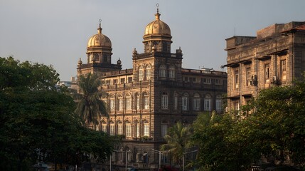 Obraz premium Historic stone edifice featuring twin golden domes rises above surrounding tropical foliage