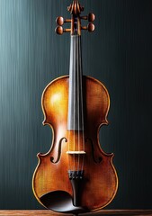 Fototapeta premium Close-up view of a polished wooden violin standing upright against a textured dark background, highlighting its strings and elegant curves