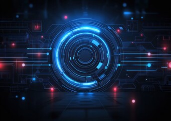 Futuristic glowing blue circular digital interface with circuitry lines and red light accents on a dark background, conveying technology and innovation