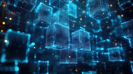 Glowing blue digital cubes connected in a three-dimensional grid pattern representing data flow and futuristic technology