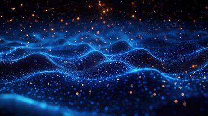 Abstract glowing blue waveforms composed of particles with scattered golden light dots creating a sense of depth and motion
