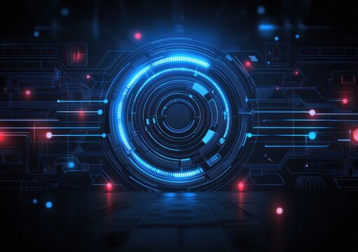 Futuristic glowing blue circular digital interface with circuitry lines and red light accents on a dark background, conveying technology and innovation