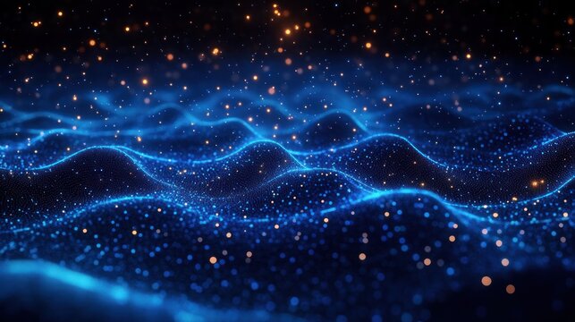 Abstract glowing blue waveforms composed of particles with scattered golden light dots creating a sense of depth and motion