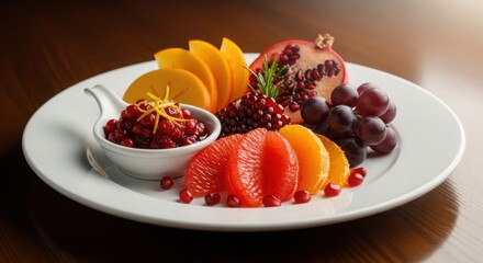Exquisite Fruit Plate Pomegranate Grapefruit Persimmon Grapes Cranberry Sauce Rosemary Garnish Displayed on Table