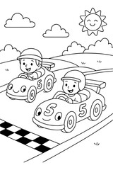 Two Cartoon Children Racing Cars on Track with Finish Line and Sunny Sky