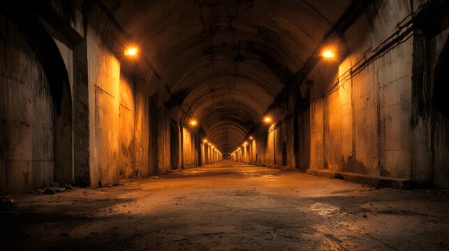 Illuminated concrete tunnel stretches toward a vanishing point with repeating arched sections
