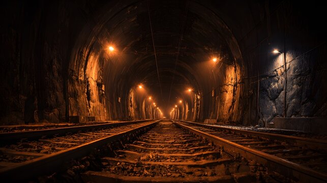 Illuminated railway tracks extend deep into the dark, arched passage of a rock-hewn tunnel