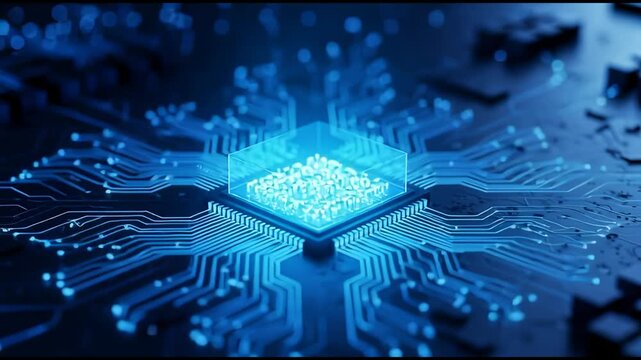 High-tech Circuit Board Animation: Glowing Microchip Close-Up in Blue Light