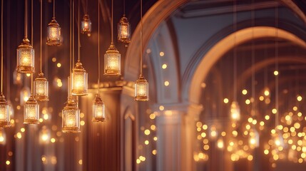 Obraz premium Numerous ornate metal lanterns cast a warm glow within an arched architectural space