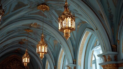 Ornate gold lanterns illuminate a vaulted ceiling with pale blue and gold decorative molding