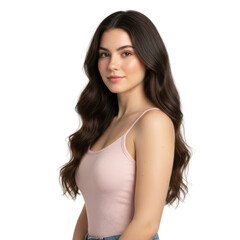 Elegant brunette woman with flowing hair isolated on a clear seamless backdrop