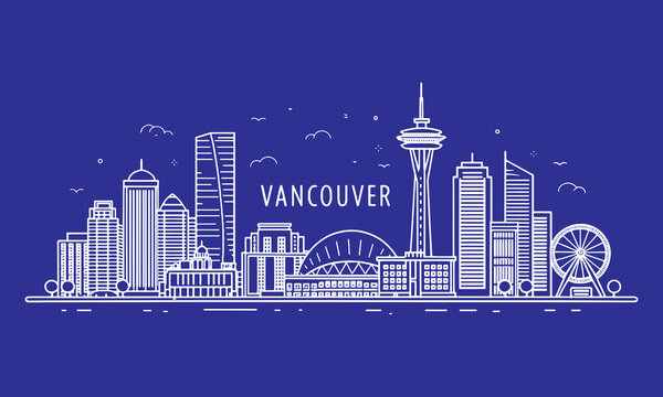 Vancouver Downtown Skyline Art with Canada Place and Stanley Park | Artistic Cityscape Line Drawing for Travel and Tourism Advertising