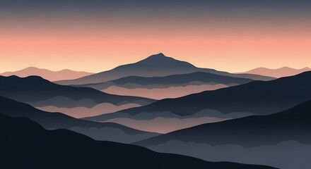 A majestic mountain range bathed in the soft, warm glow of sunrise, with layers of mist creating a sense of depth and tranquility.