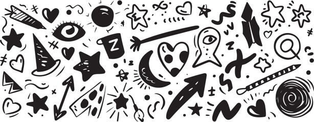 Obraz premium Abstract Hand Drawn Doodle Elements Vector SetModern Ink Brush Shapes and Symbols CollectionCreative Abstract Marks and Scribble Design Pack