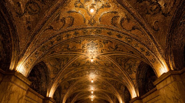 Ornate gilded mosaic vaulted ceiling illuminates an interior architectural walkway