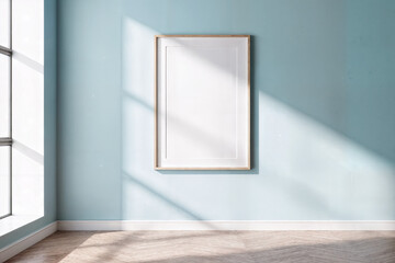 Sunlit minimalist interior with a blank frame, ideal for showcasing art or photography. Evokes calm, freshness, and modern style. A bright and inviting space.