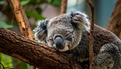 A koala bear sleeping soundly on a tree branch