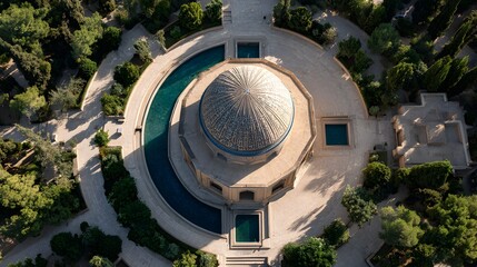 Elevated view captures a domed memorial structure centered within a circular reflecting pool and surrounding green space