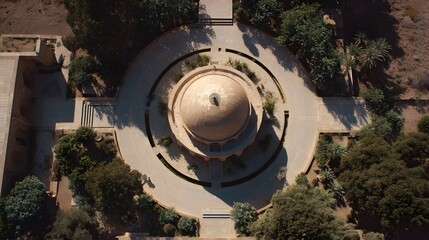 Aerial view captures a domed structure surrounded by concentric pathways and dense foliage under bright sunlight.