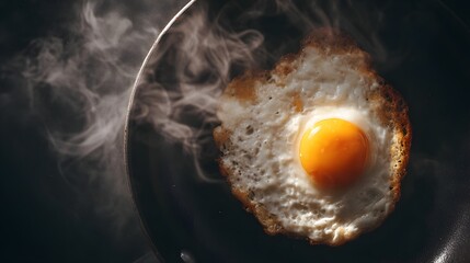 Single fried egg cooks in a dark pan releasing visible steam and heat